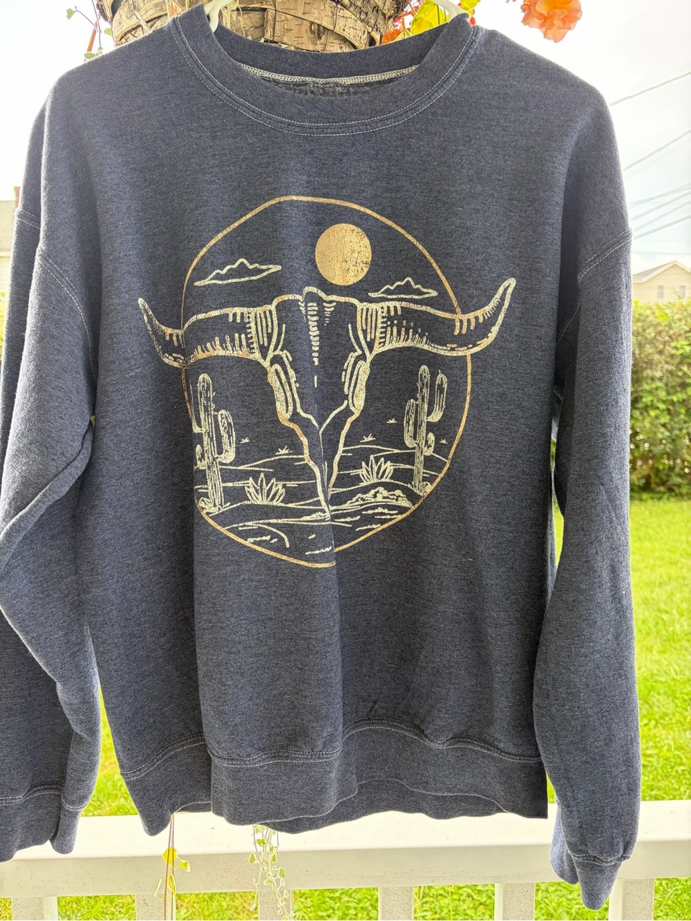 Women’s Navy Blue Graphic Crewneck Sweatshirt with Gold Desert Skull Print
